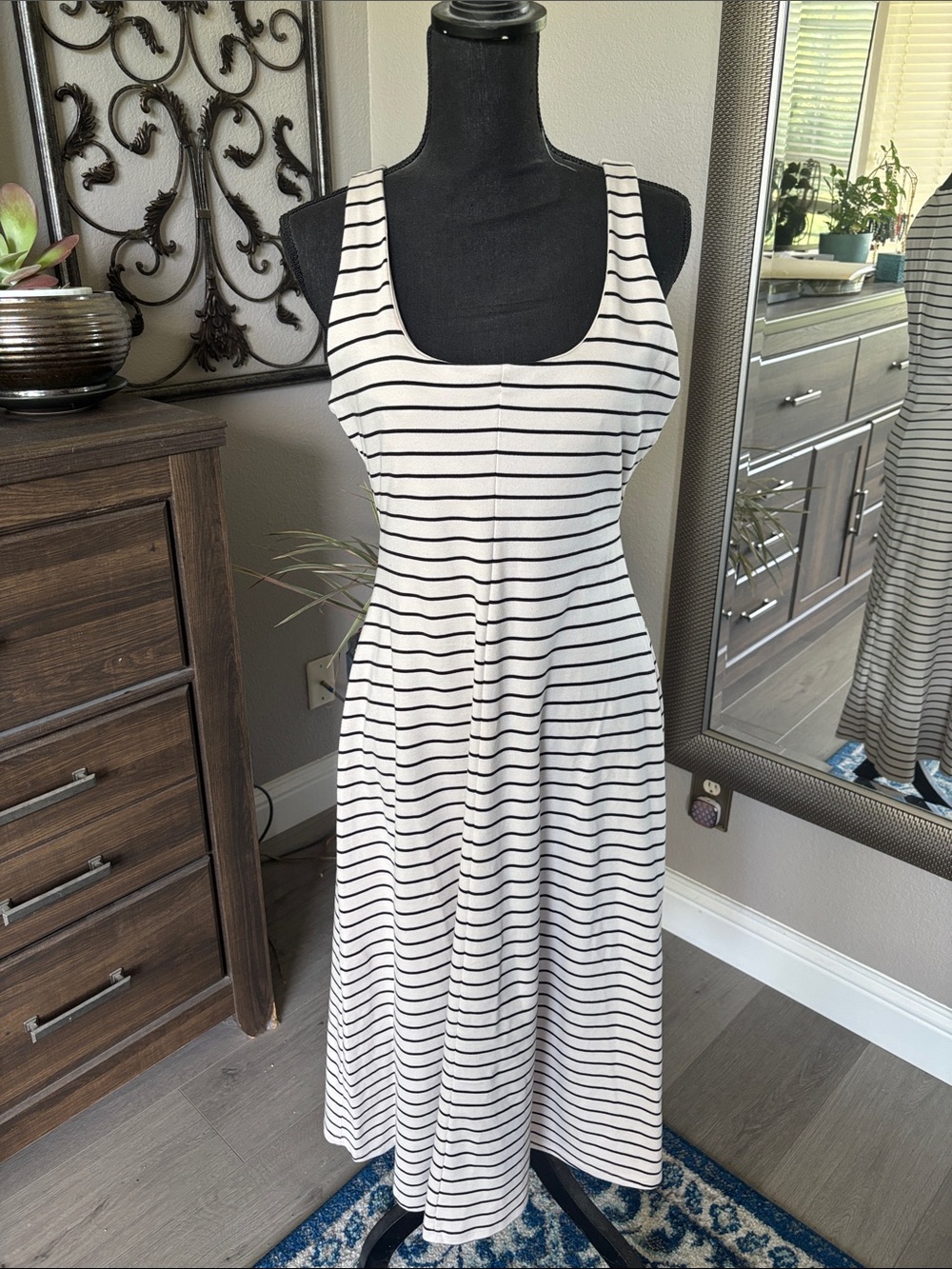 Striped Scoop Neck Tank Dress - Creme with Black Stripes